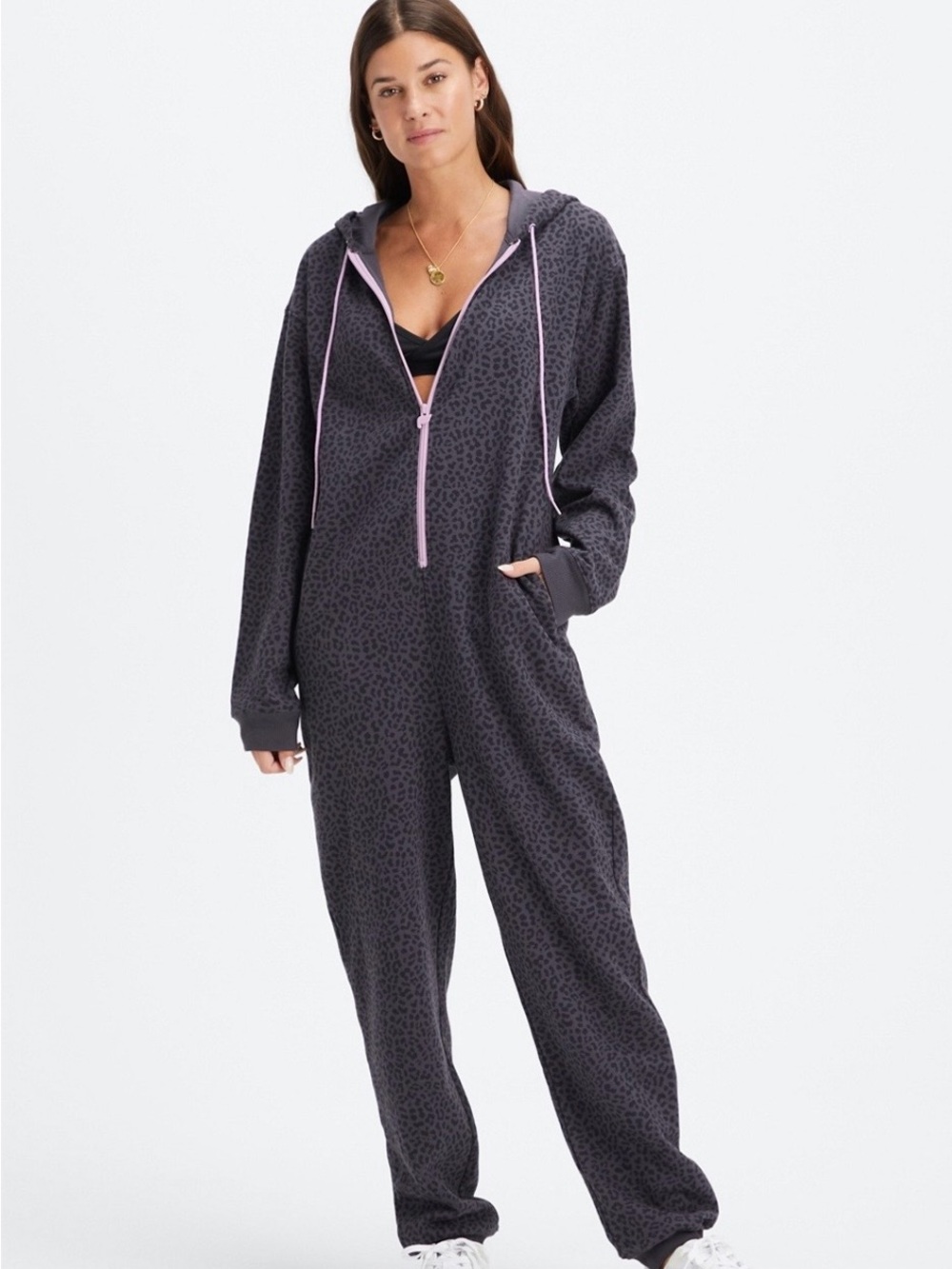 Fabletics Purple Gray Leopard Zip-Front Onesie with Lavender Trim